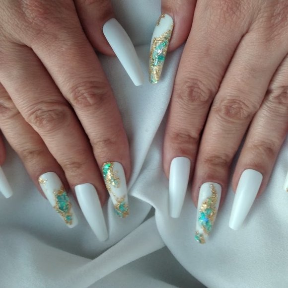 White/aqua and Gold flake Geode gem press on nails pPN44 - Picture 4 of 7